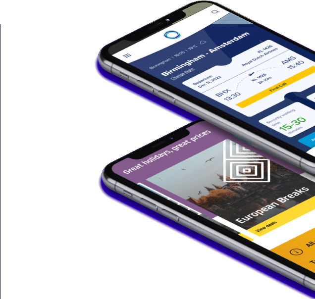 Two phones showing the London Luton Airport app: a Birmingham to Amsterdam flight card and a European Breaks holiday offer.