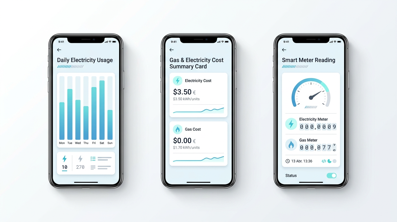 Illustrative mockup of three phone screens from a smart energy app showing usage charts, cost summaries and a smart meter reading.