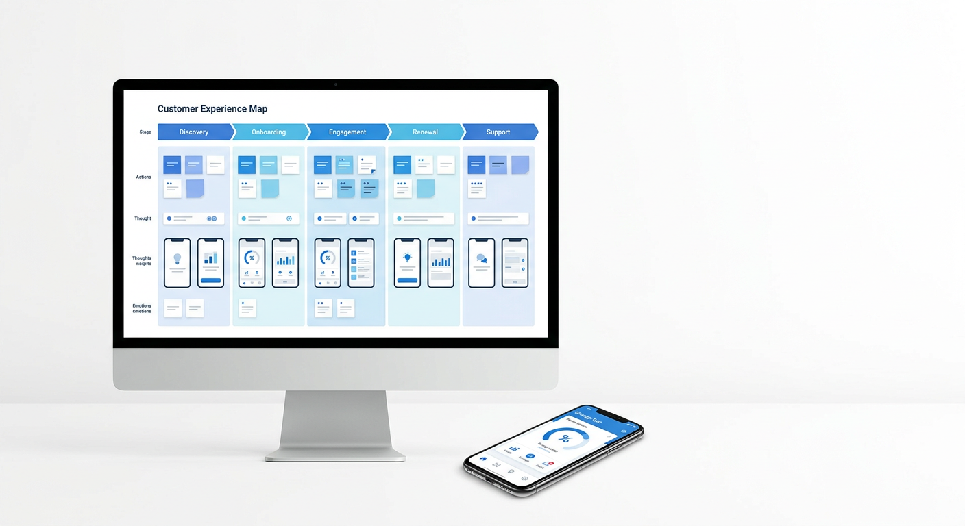 Illustrative mockup of a customer experience map on a desktop monitor beside a phone showing an energy app home screen.