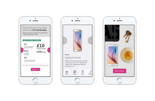 Three iPhone screens from the BT Mobile site: a 24-month plan picker, a Samsung Galaxy S6 camera feature, and a what's-in-the-box view.