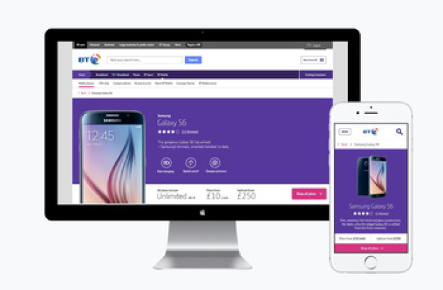 The BT Mobile Samsung Galaxy S6 product page shown on a desktop monitor and on a phone.