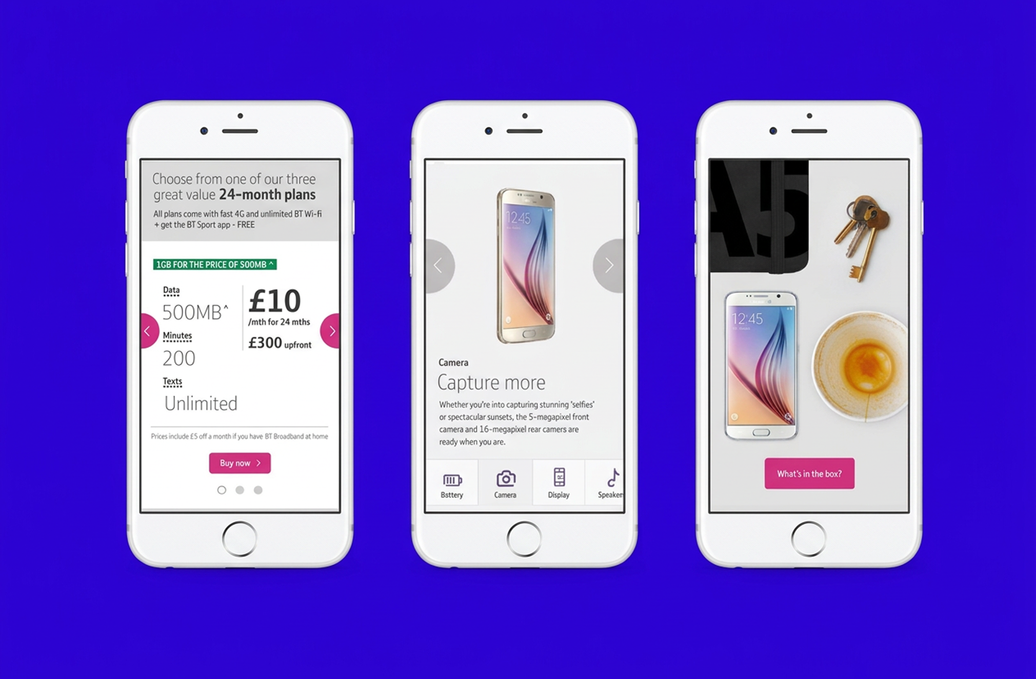 Three iPhone screens from the BT Mobile site: a 24-month plan picker, a Samsung Galaxy S6 camera feature, and a what's-in-the-box view.