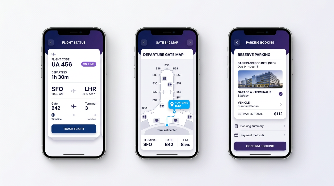 Illustrative mockup of three phone screens from an airport app: a flight status card, a departure gate map and a parking booking screen.