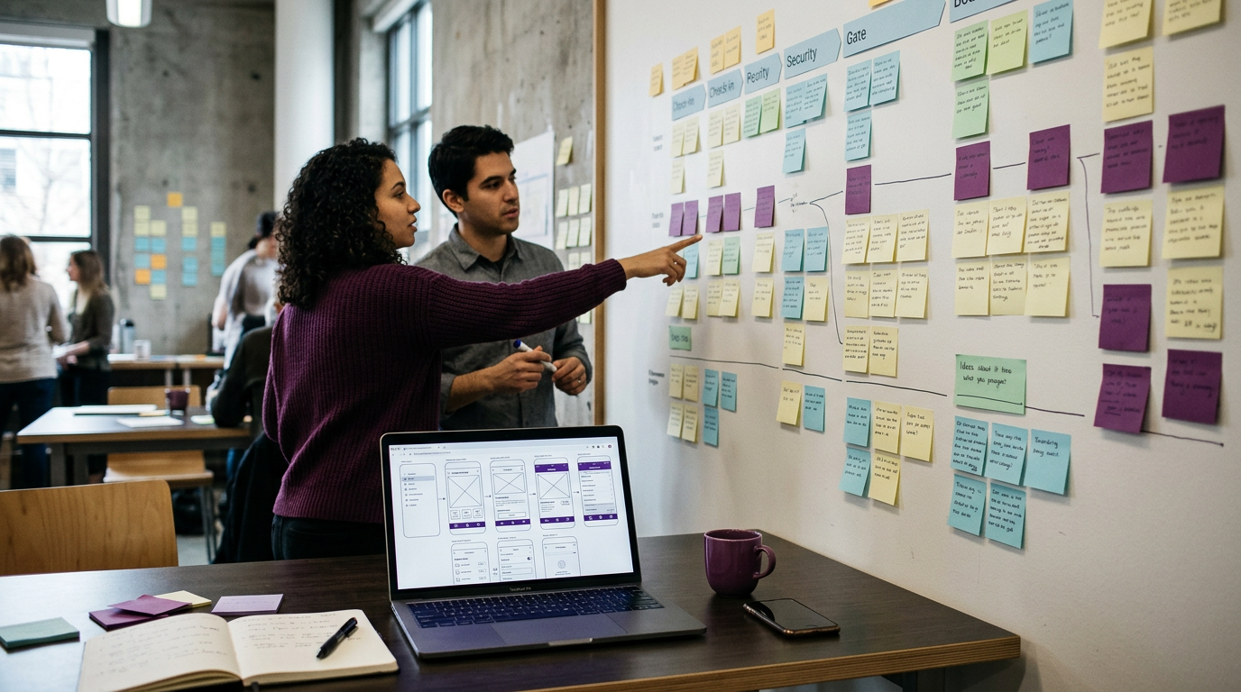 Illustrative image of a research wall of sticky notes and a passenger journey map, with travel app wireframes on a laptop.