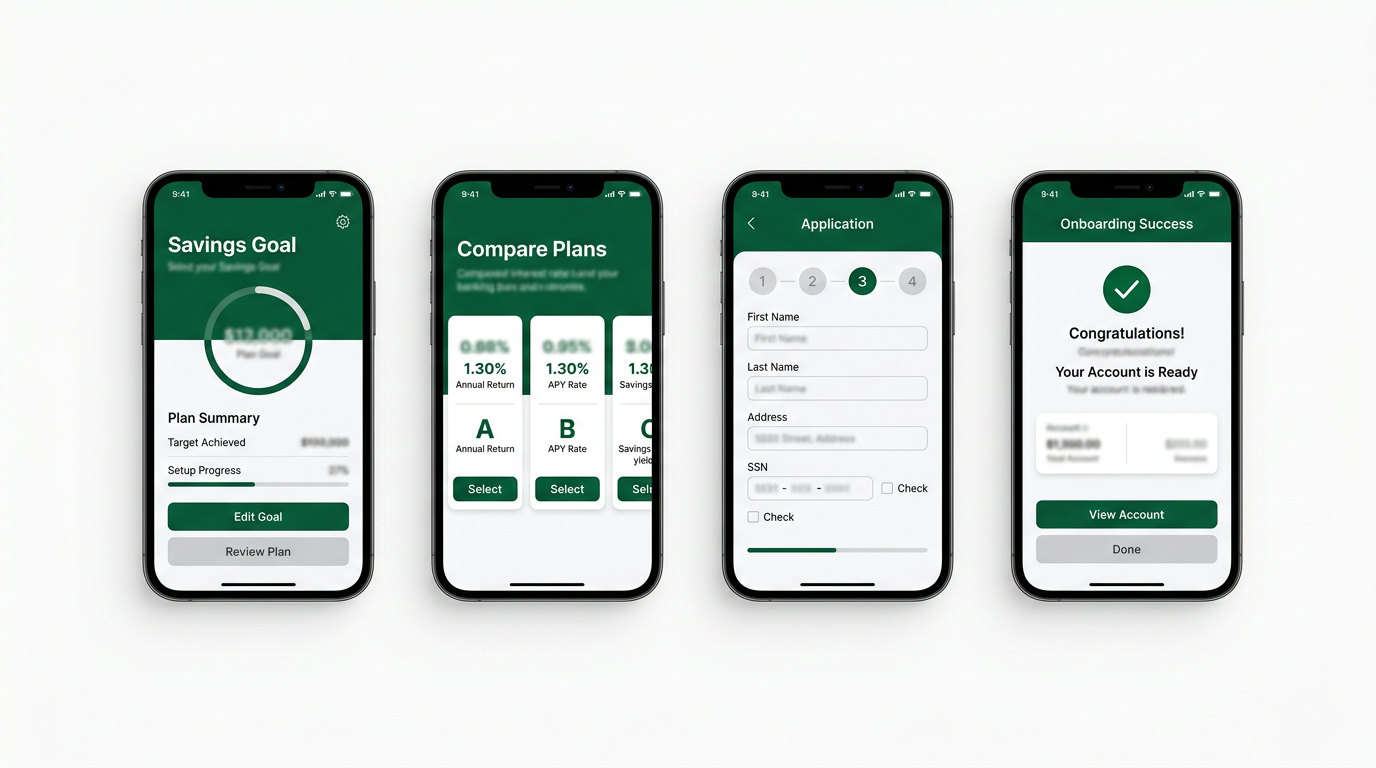 Illustrative mockup of three phone screens from a savings journey: an account comparison, an application form and an onboarding confirmation.
