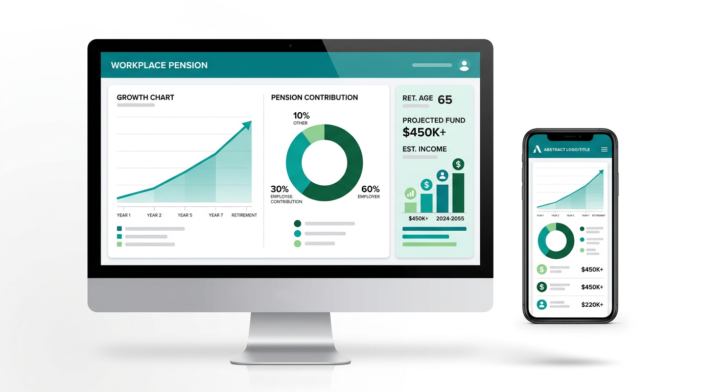 Illustrative mockup of a workplace pension dashboard on a desktop monitor and phone, showing growth and contribution charts.