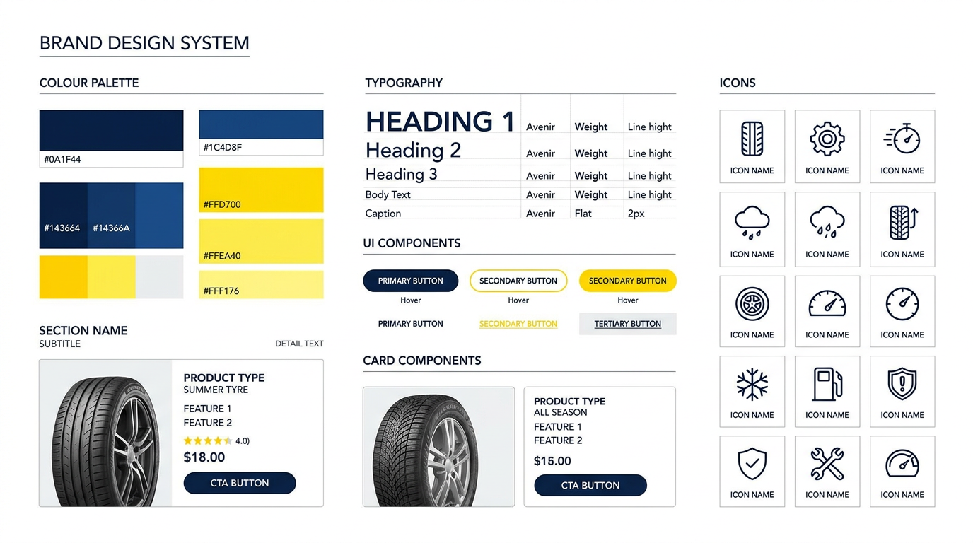 Illustrative design system board with navy and yellow colour swatches, a typography scale, button hierarchy and tyre product cards.