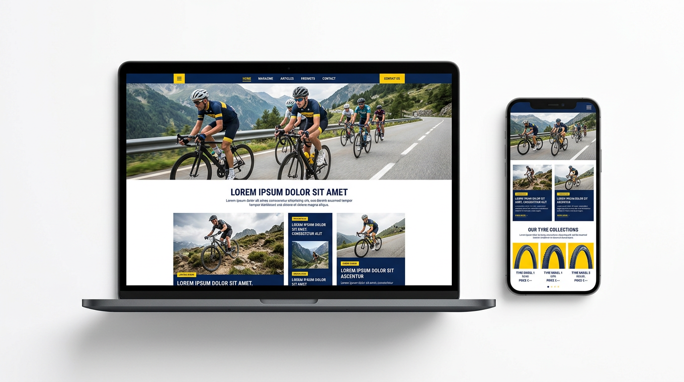 Illustrative mockup of an editorial bicycle tyre website on a laptop and phone, with cycling photography and article cards.