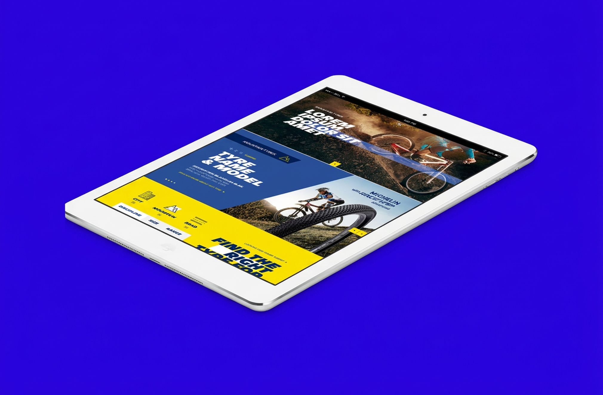 iPad showing the Michelin bike tyre site with mountain bike imagery and a find-the-right-tyre tool.