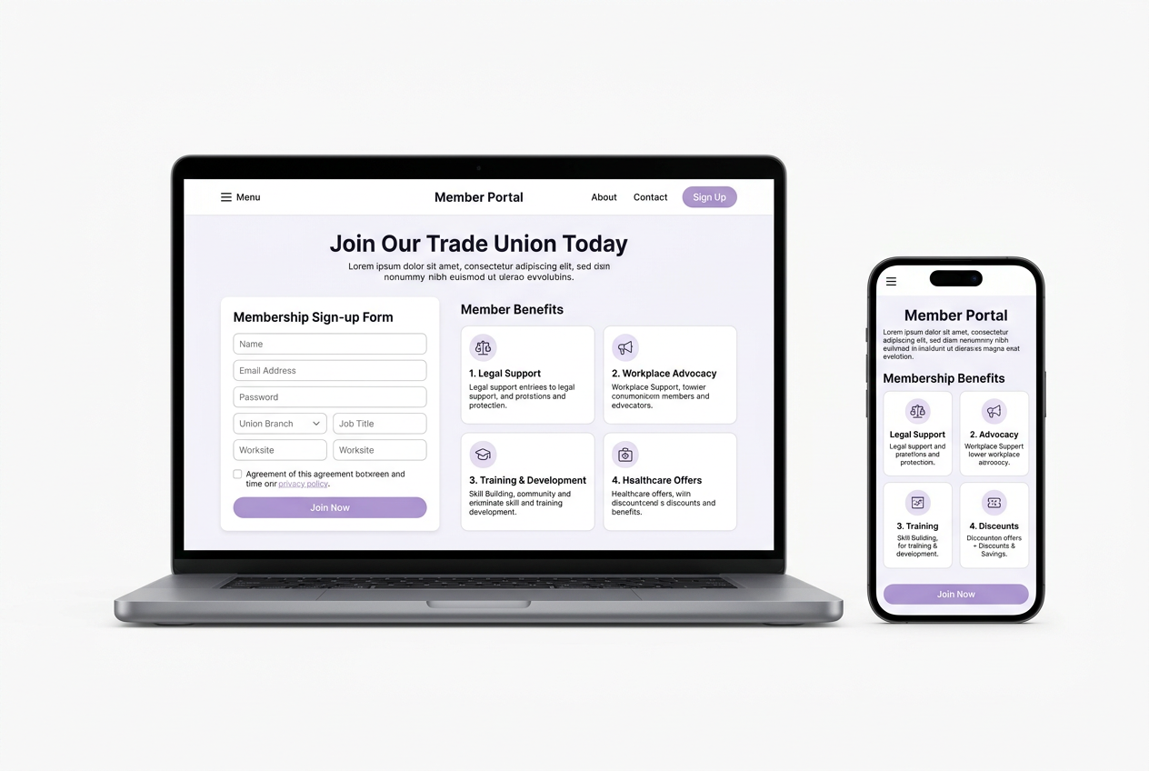 Illustrative mockup of a membership website shown on a laptop and phone.