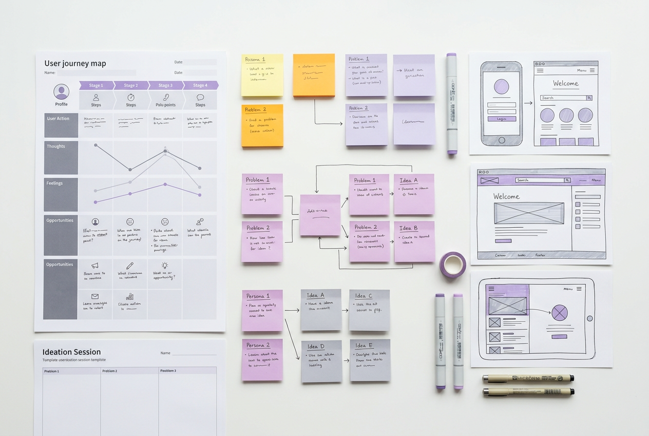 Illustrative image of discovery workshop materials and early design concepts.